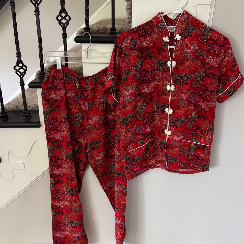 Red Floral Silk Pajama Set
